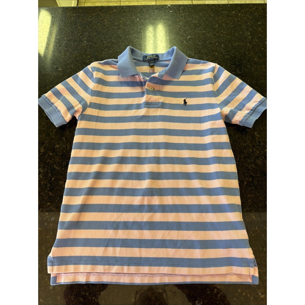 Polo Ralph Lauren Pink Blue Stripe Pique Shirt Sz M 10-12 Boys Preppy